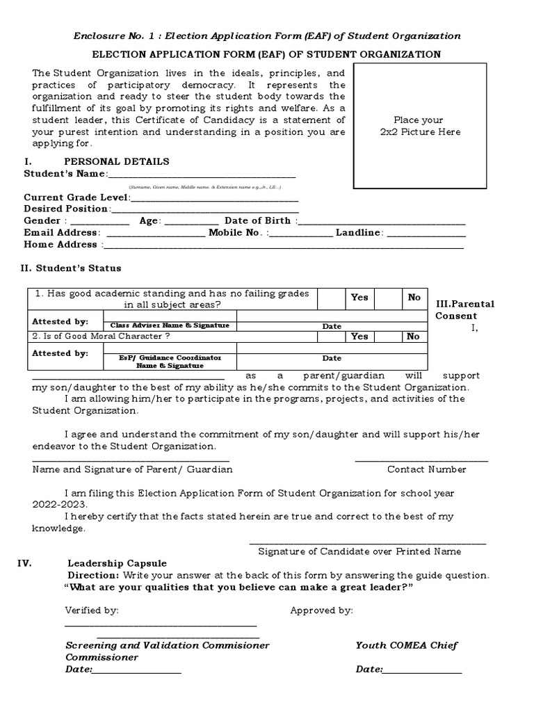 Enclosure No. 1 Election Application Form (EAF) of Student