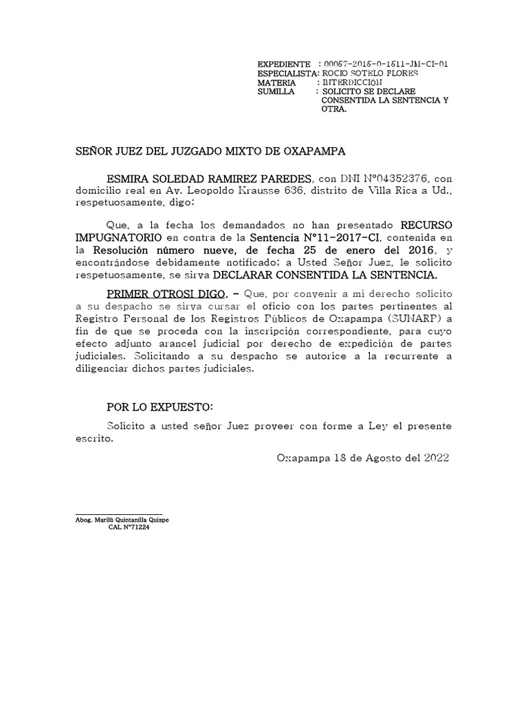 Solicito Se Declare Consentida La Sentencia | PDF