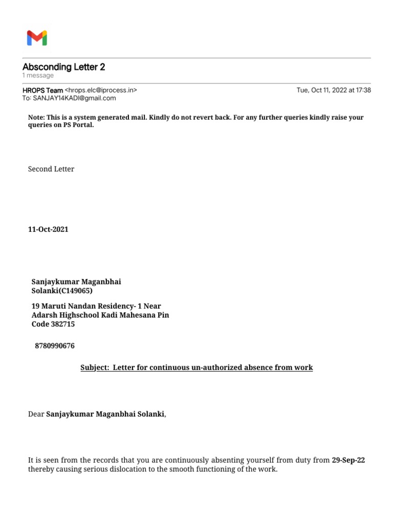 Gmail Absconding Letter 2 PDF Justice Crime & Violence