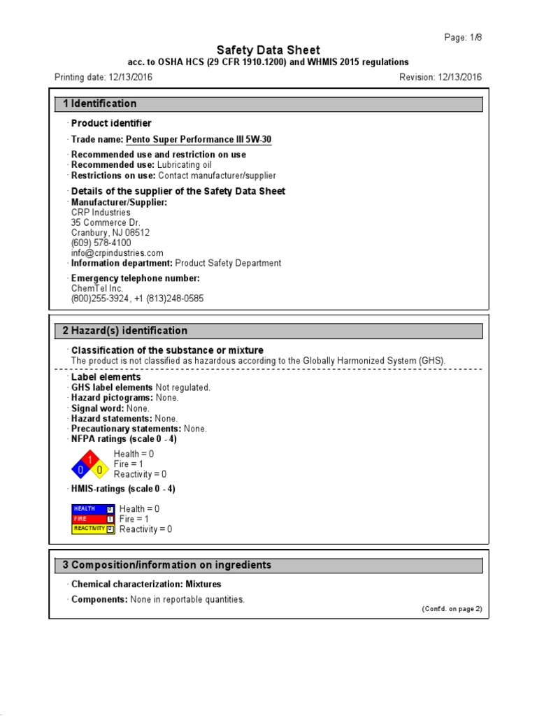 Pento Super Performance III 5W-30 SDS | PDF | Safety | Chemistry