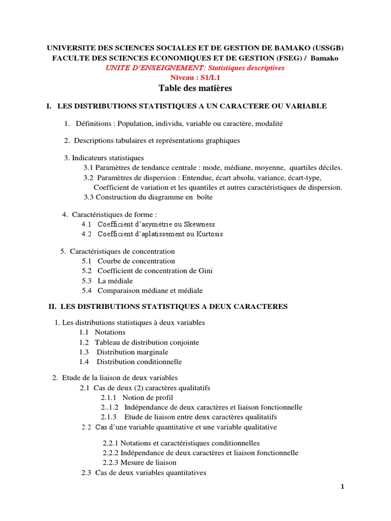 Statistiques Descriptives S1: Cours Complet | PDF | Moyenne | Variance ...