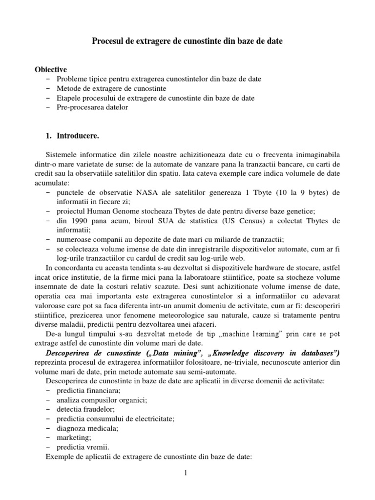 Procesul de Extragere de Cunostinte Din Baze de Date: Obiective | PDF