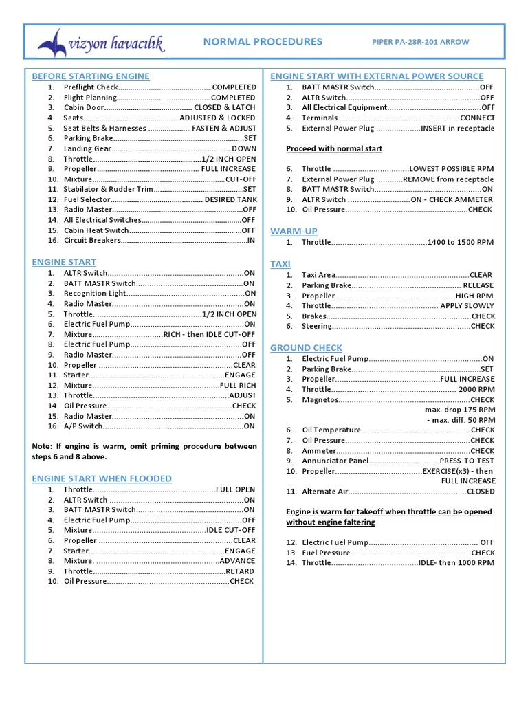 Piper Pa-28r-201 Arrow - Normal Procedures | PDF | Throttle | Brake