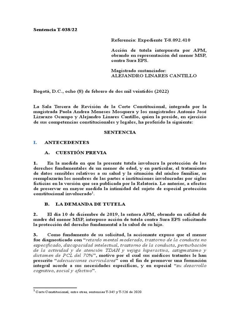 Sentencia T-038/22: Corte Constitucional, Entre Otras, Sentencias T-345