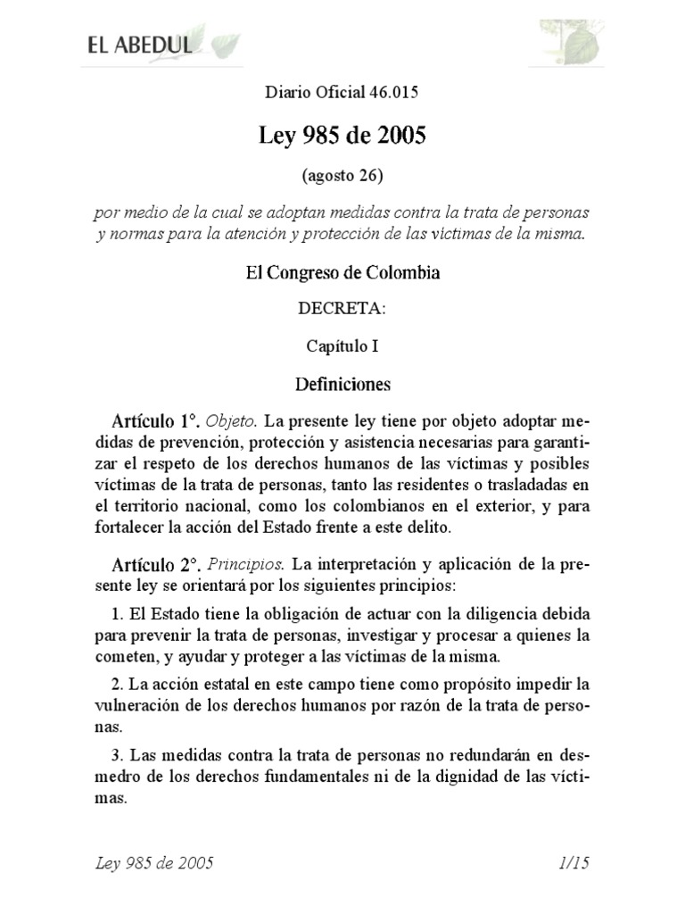 Ley 985 de 2005: Protección contra Trata | PDF | Trata de personas ...