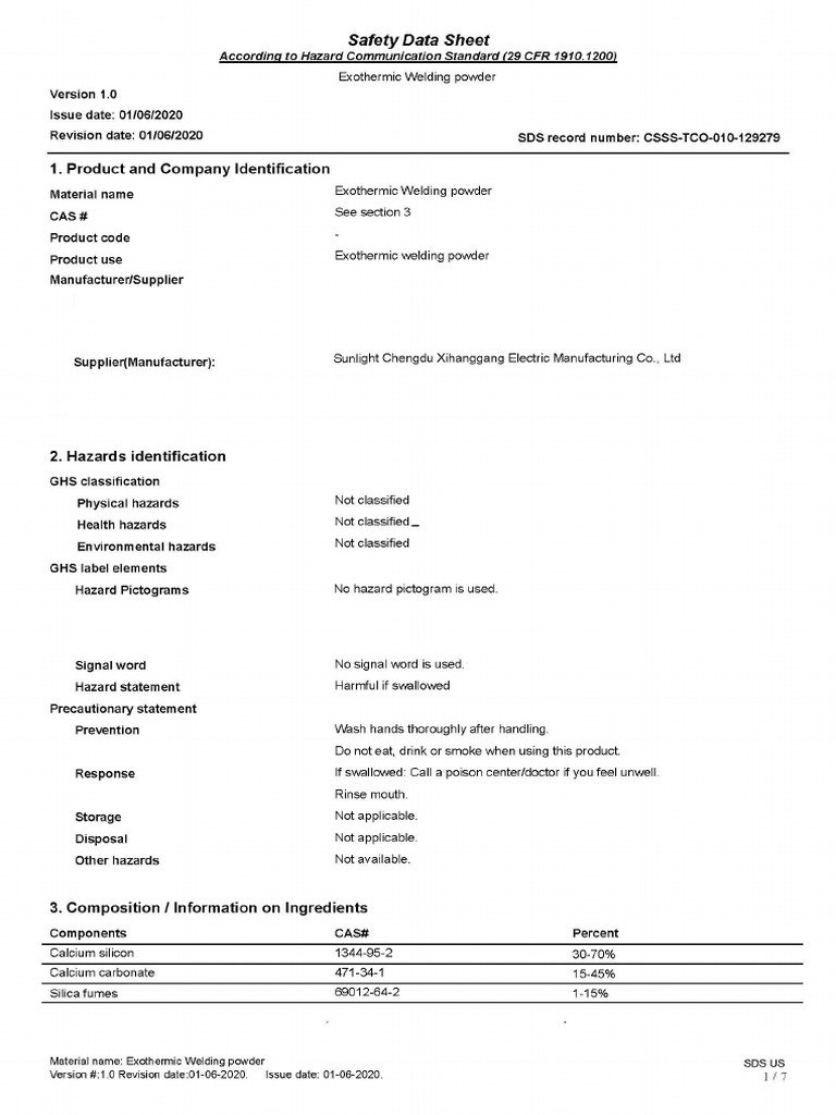Exothermic Welding Powder SDS Sunlight PDF Dangerous Goods Magnesium