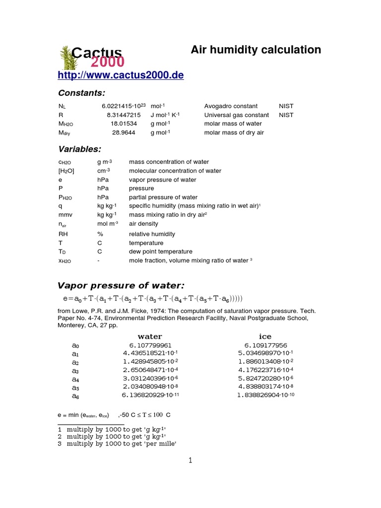 Air Humidity Calculation Equations | PDF | Humidity | Concentration