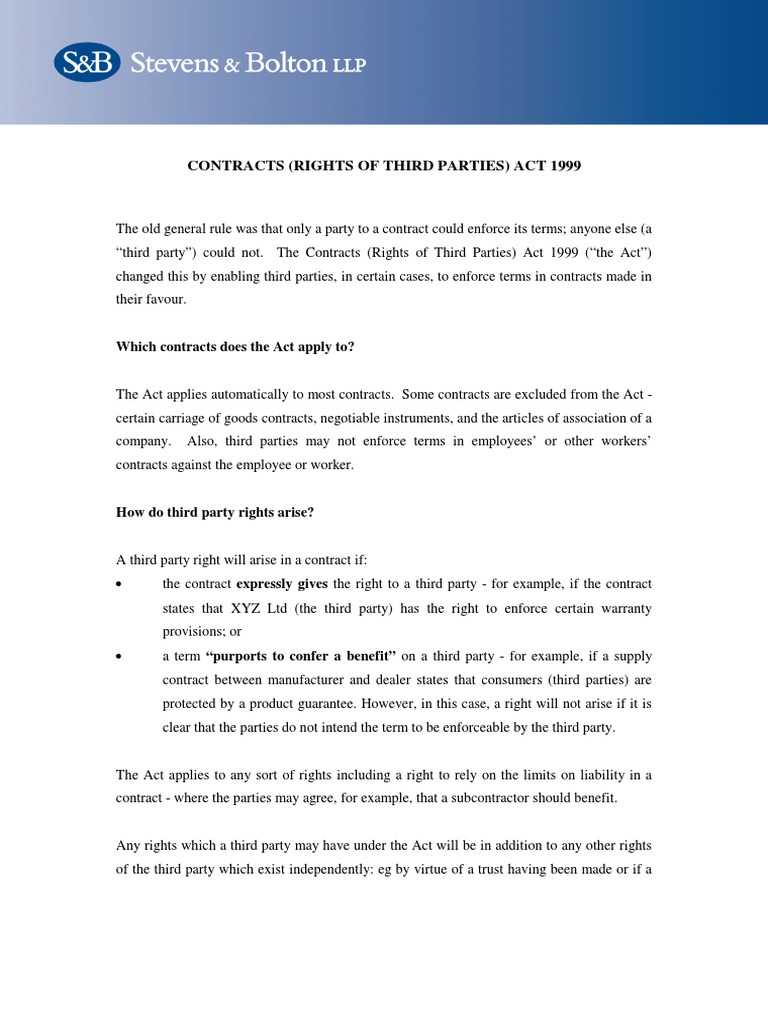 Third Party Rights in Contracts Act 1999 | PDF | Contract Law | Law Of ...