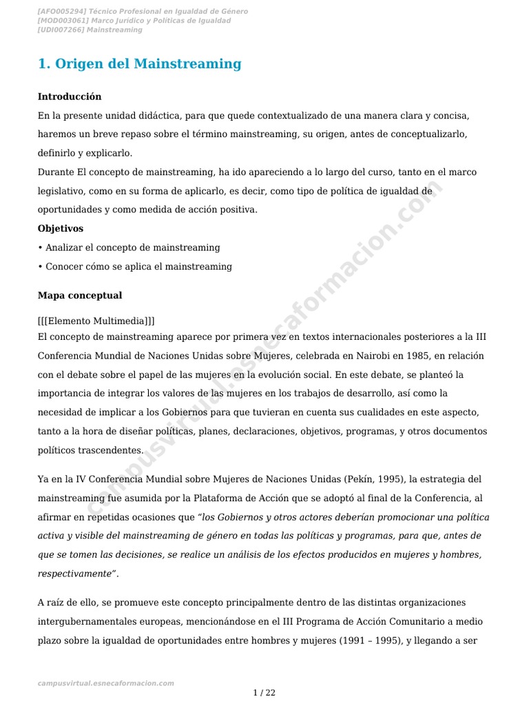 Mainstreaming | PDF | Estudios de género | Igualdad de género
