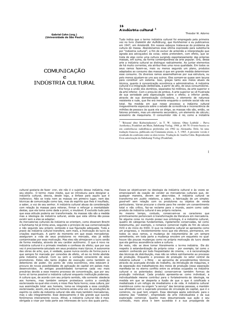 A Industria Cultural - Adorno - in COHN - Gabriel | PDF | Theodor W ...