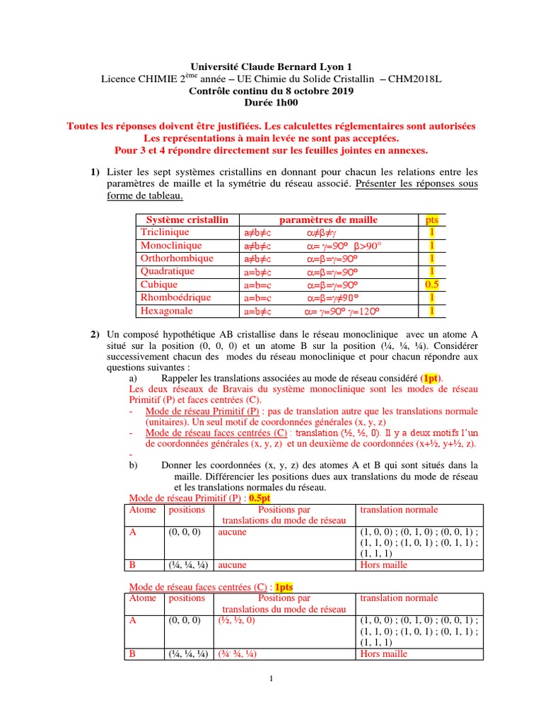 2019-2020 CC1 ChimieSolide Corrigé | PDF | Réseau (géométrie ...