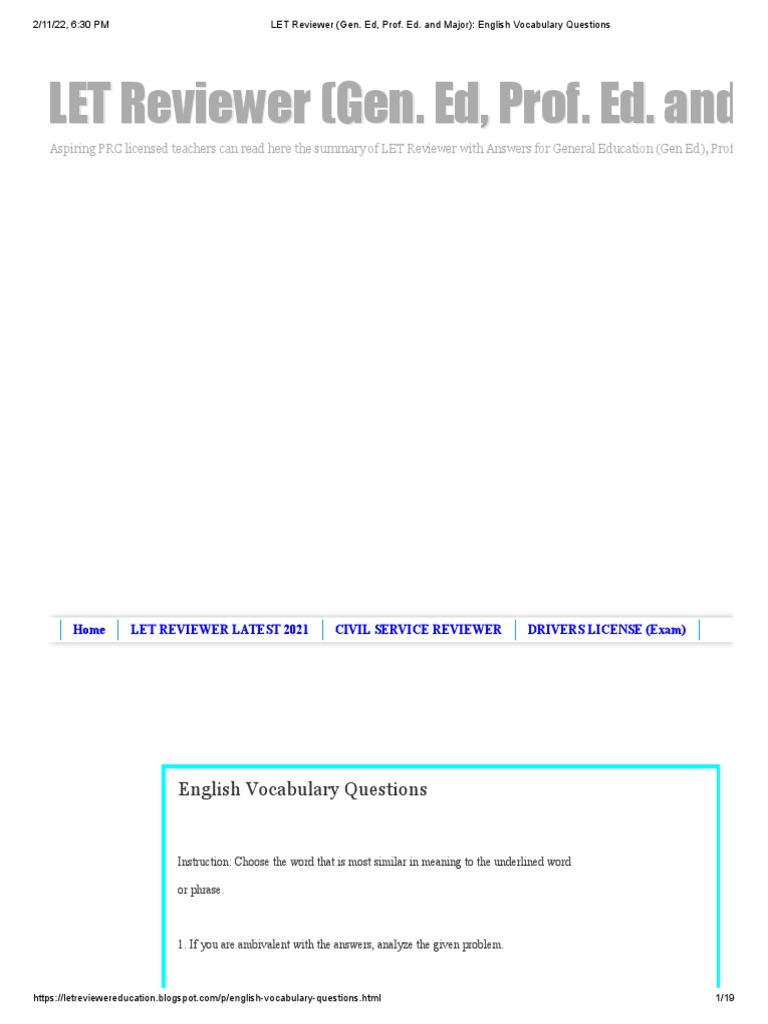 LET English Vocabulary Reviewer Guide | PDF | Teaching Method | Curriculum