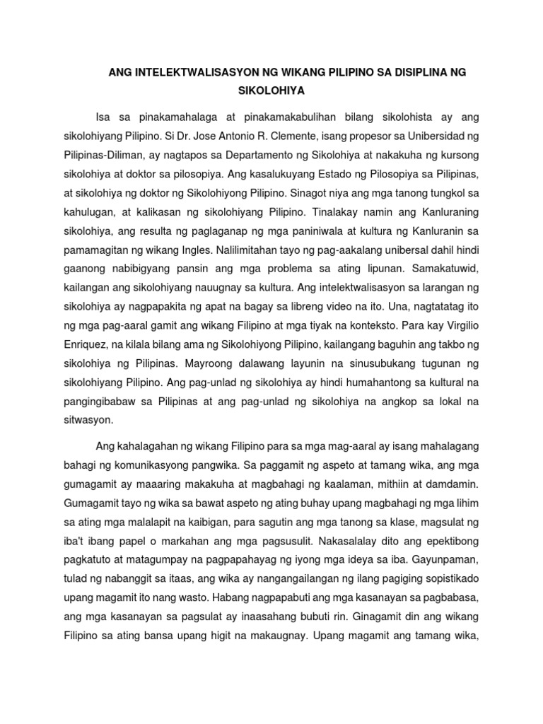 Ang Intelektwalisasyon NG Wikang Pilipino Sa Disiplina NG Sikolohiya | PDF