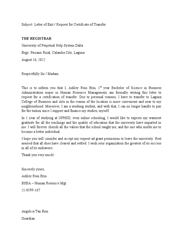 Student Transfer Exit Letter | PDF