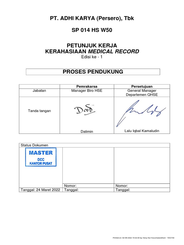 SP 014 HS W50 Petunjuk Kerja Kerahasiaan Medical Record Edisi Ke 1-1 | PDF