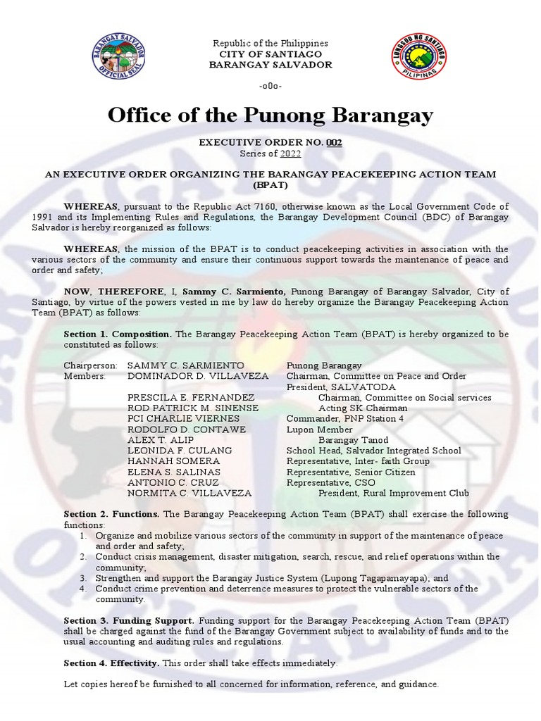 Executive Order No. 002 S. 2022 ORGANIZING THE BPAT PDF Peacekeeping Social Institutions