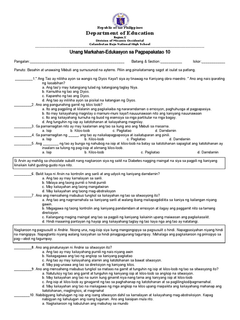 Edukasyon Sa Pagpapakatao Exam Pdf