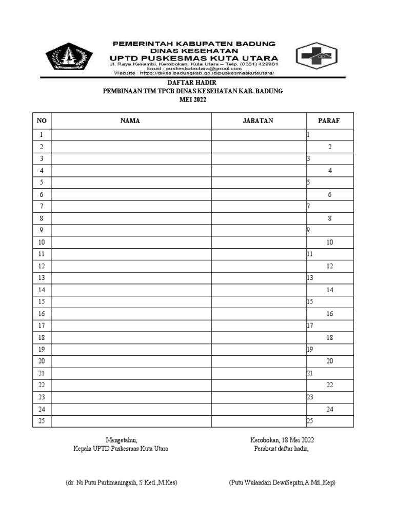 Daftar Hadir Pembinaan Tim TPCB Badung | PDF
