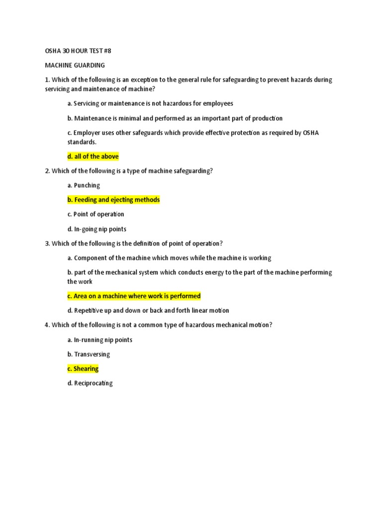 Osha 30 Hour Test #8 | PDF