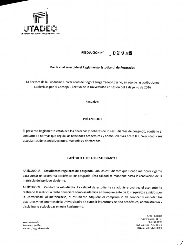 Resoluci n no 029 de 2016 reglamento estudiantil de posgrados pdf