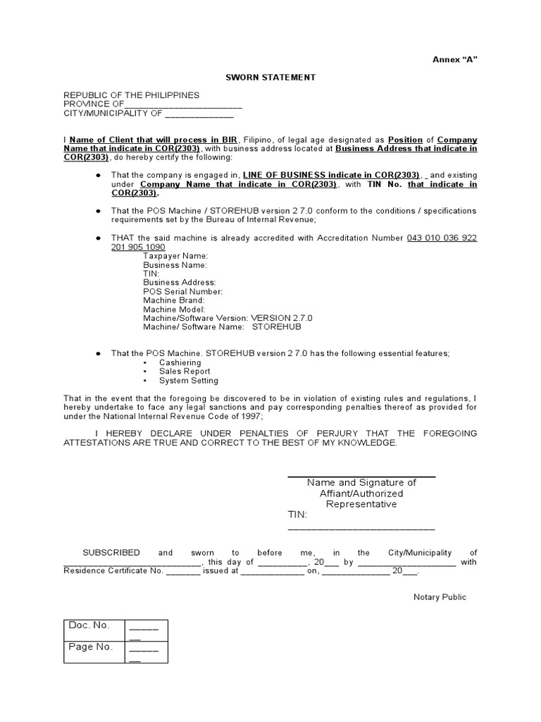 BIR POS Sworn Statement PDF Point Of Sale