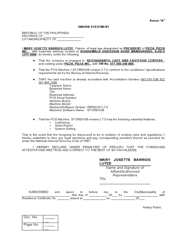 BIR Sworn Statement for POS Accreditation | PDF | Point Of Sale | Justice