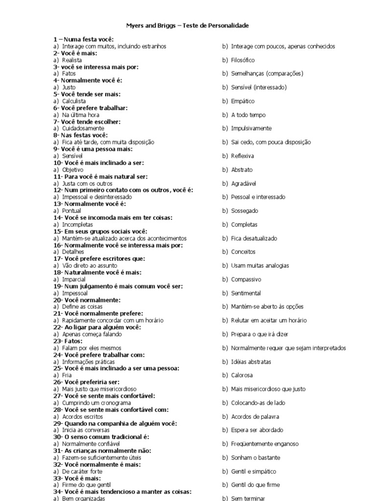 Myers and Briggs MBTI Teste de Personalidade 70 Perguntas Ciência Filosófica Ciência