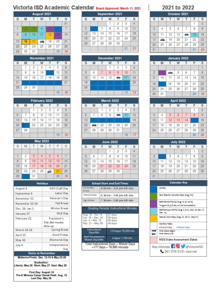 VISD 2021-2022 Board Approved Calendar Revised 4.21.2021 | PDF | Schools
