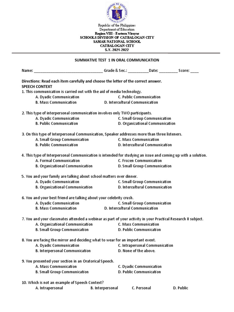 Summative Test Oral Comm PDF Communication Information