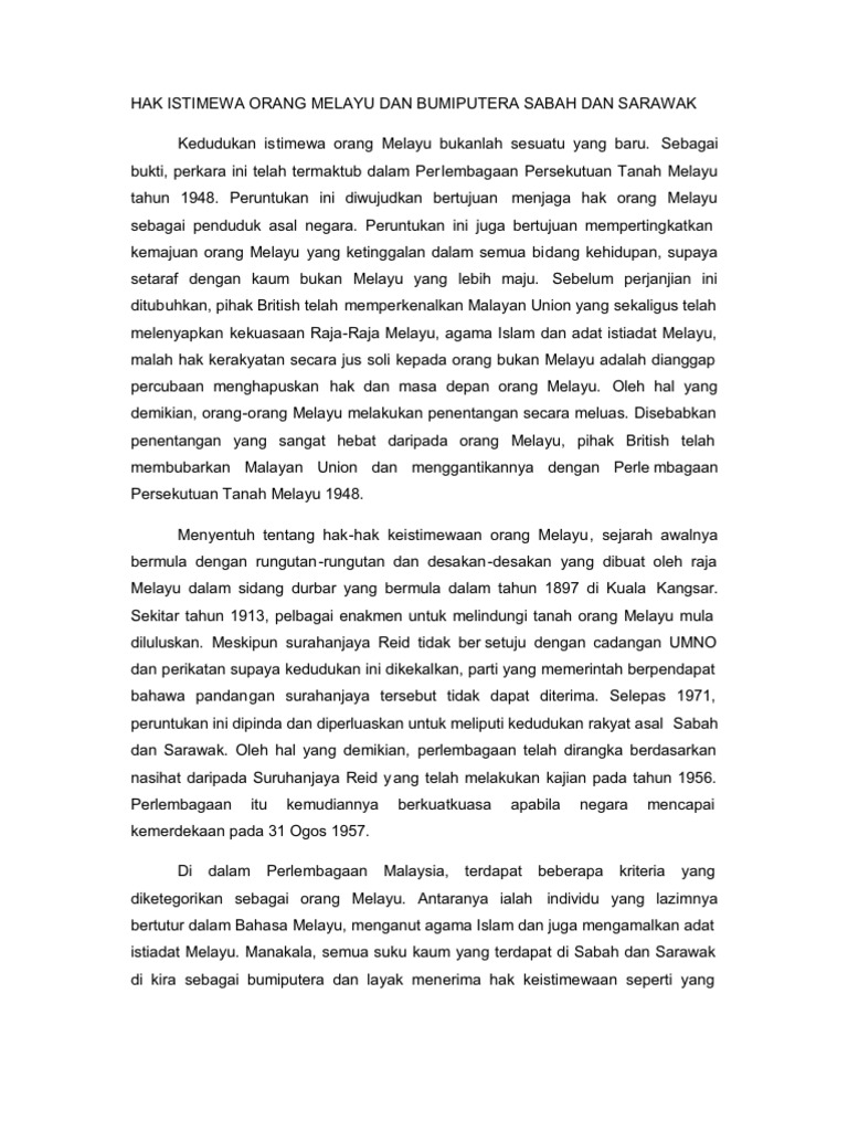 Hak Istimewa Orang Melayu Dan Bumiputera Sabah Dan Sarawak Pdf