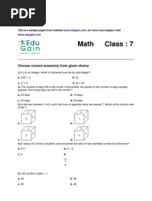 Class 7 Sample Math Olympiad Paper | Pdf | Pi | Area