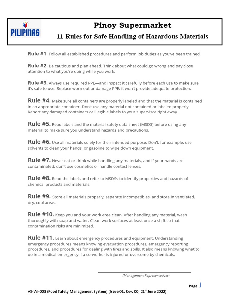 Work Instruction No. 3 11 Rules For Safe Handling of Hazardous