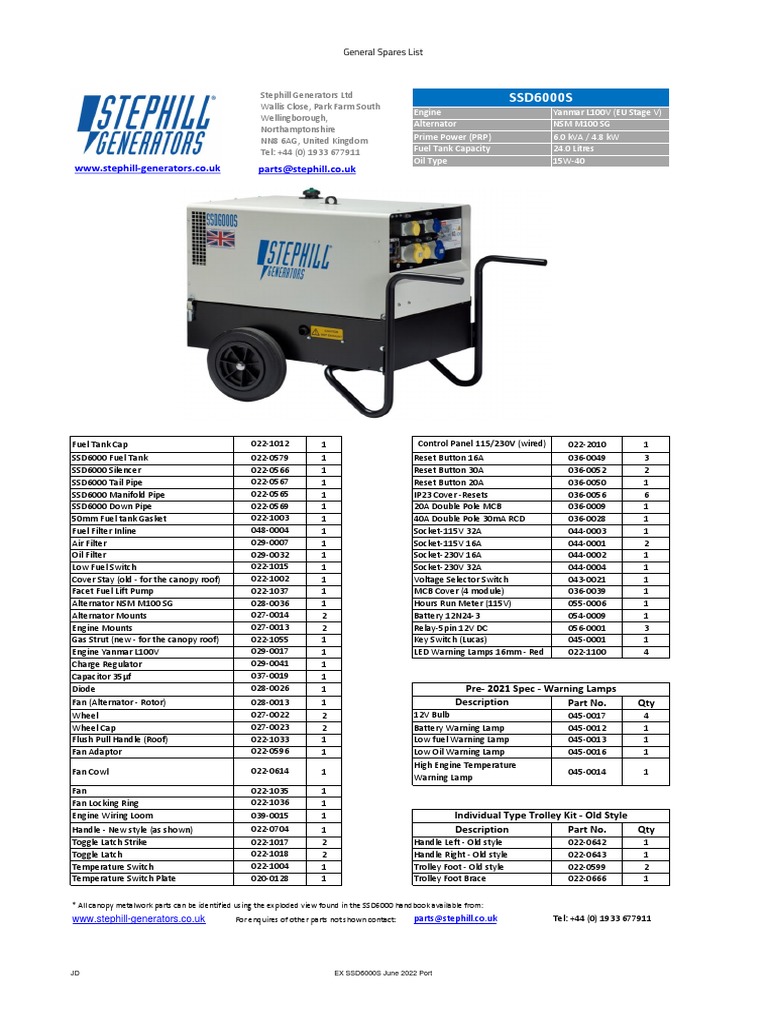 SSD6000S Stephill AUX Generator Parts List PDF