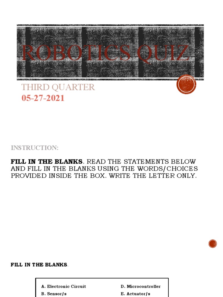 ROBOTICS QUIZ With Answer Key Third Quarter PDF Microcontroller