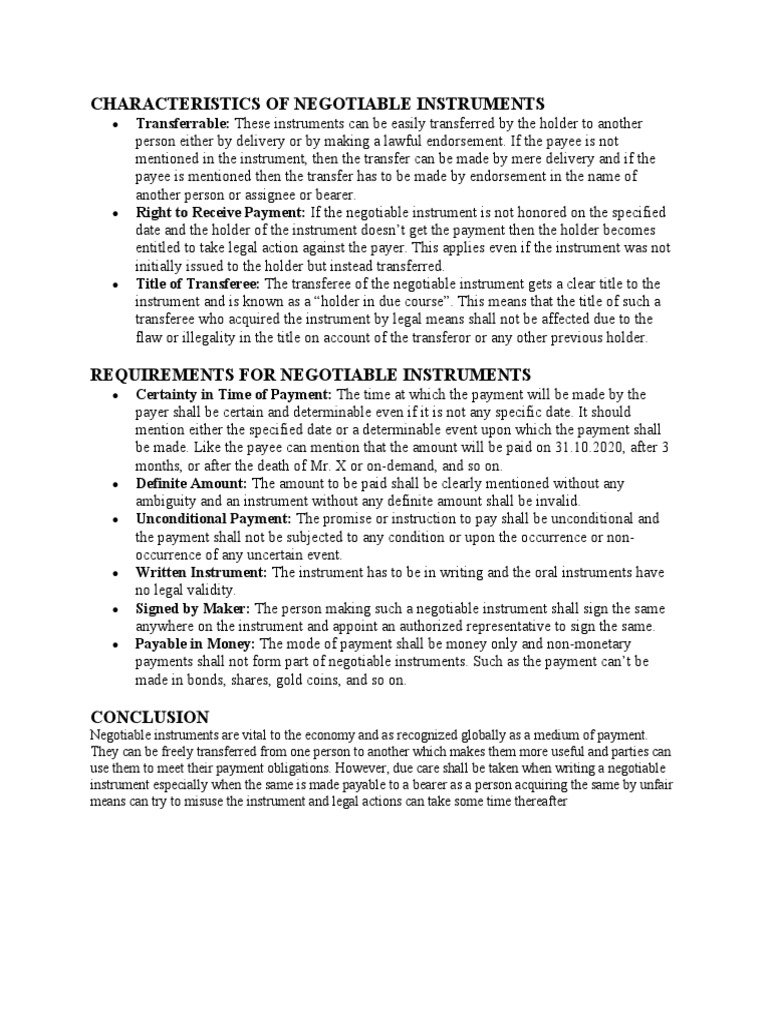 Xteristics of Negotiable Instruments | PDF | Negotiable Instrument ...