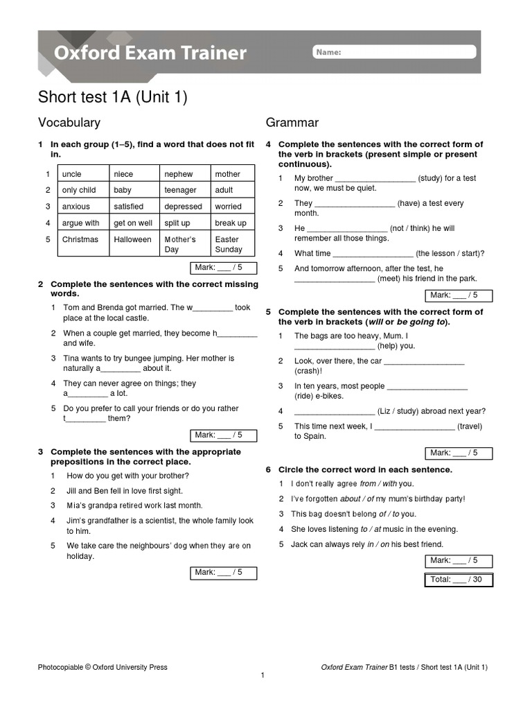 OET B1 Short Test Unit 1 A + B | PDF