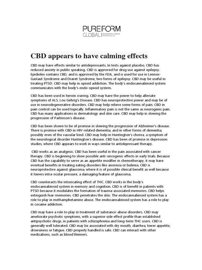 CBD Appears To Have Calming Effects - Pure Form Global | PDF | Dementia ...