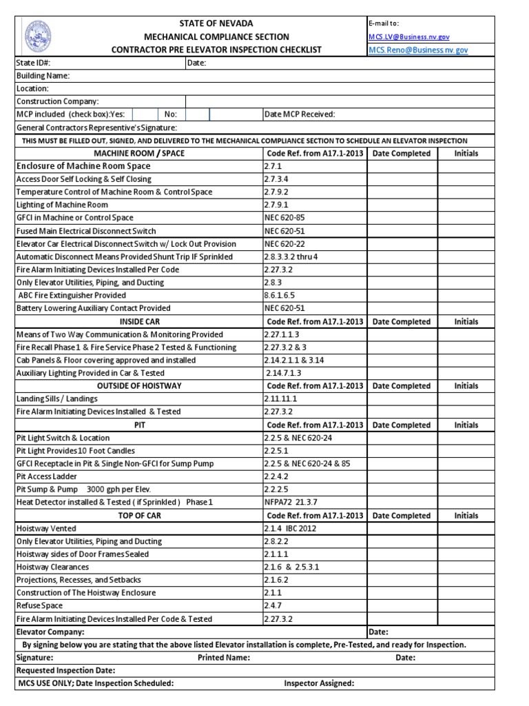 Nevada Elevator Inspection Checklist | PDF | Elevator | Design