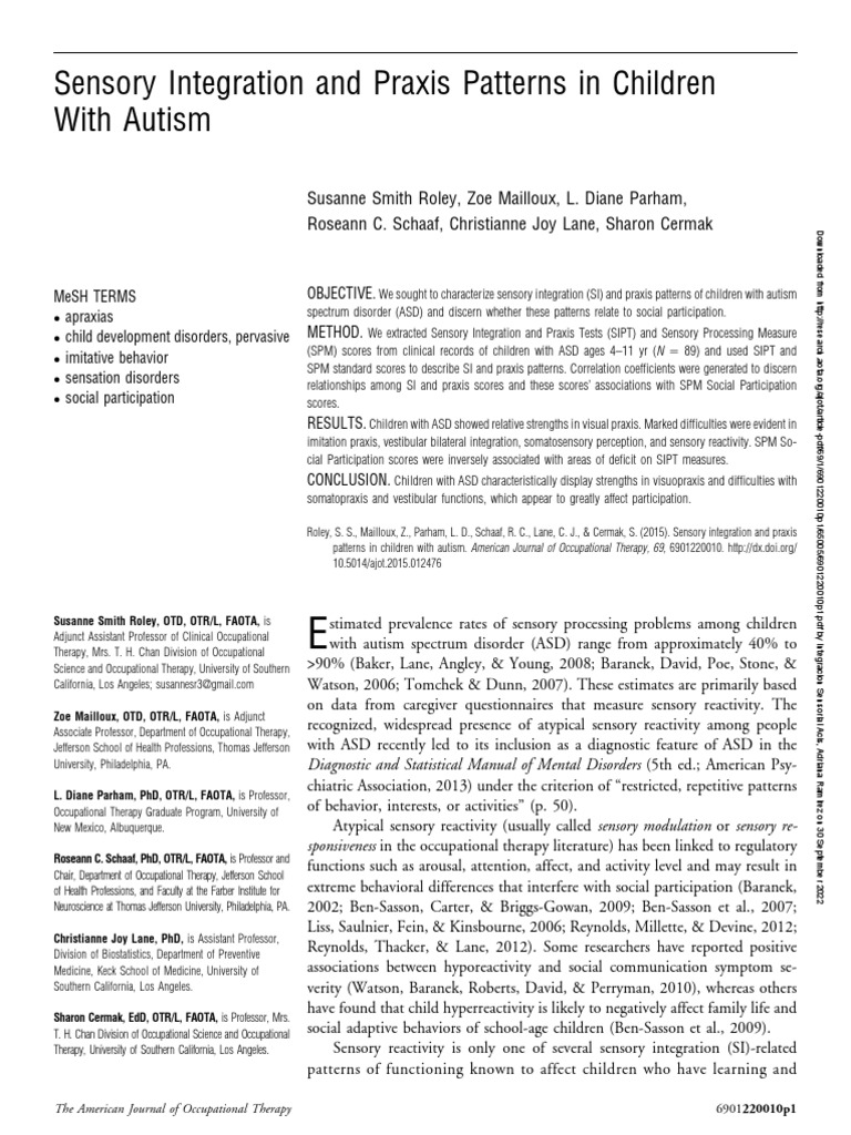 Sensory Integration and Praxis Patterns in Children With Autism ...