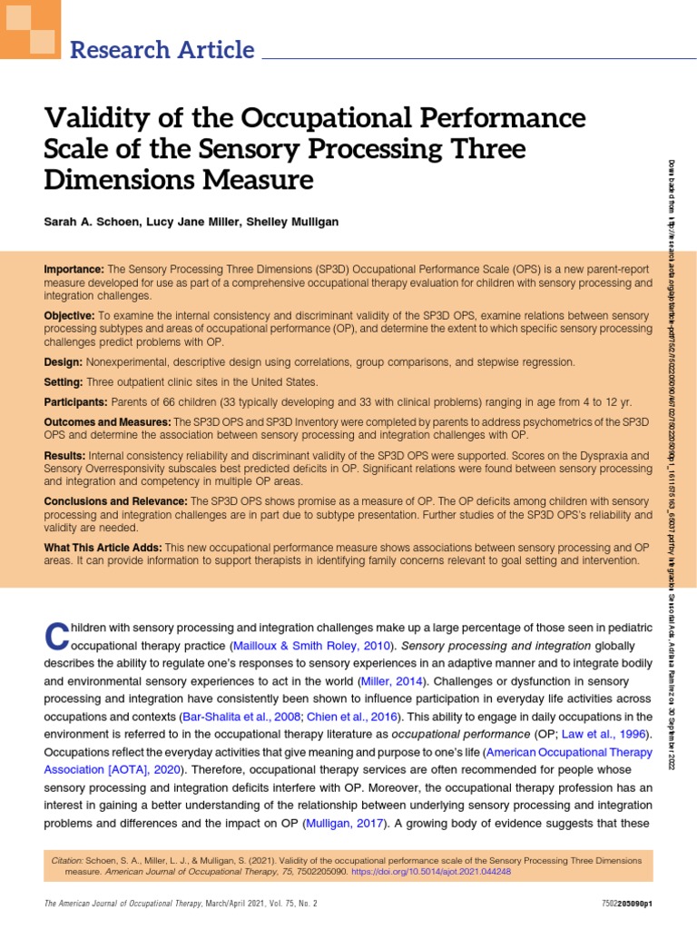 Validity of The Occupational Performance Scale of The Sensory