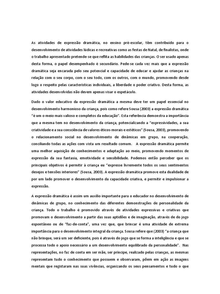 Importância da Expressão Dramática Infantil | PDF | Conhecimento ...