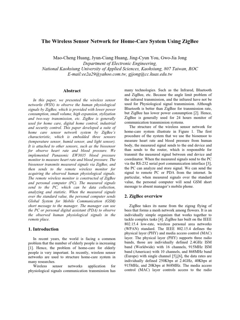The Wireless Sensor Network For Home-Care System Using Zigbee | PDF ...