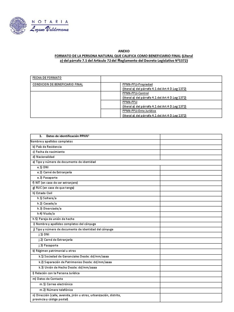 Declaracion Jurada Sobre Beneficiario Final (Sunat) | Descargar gratis