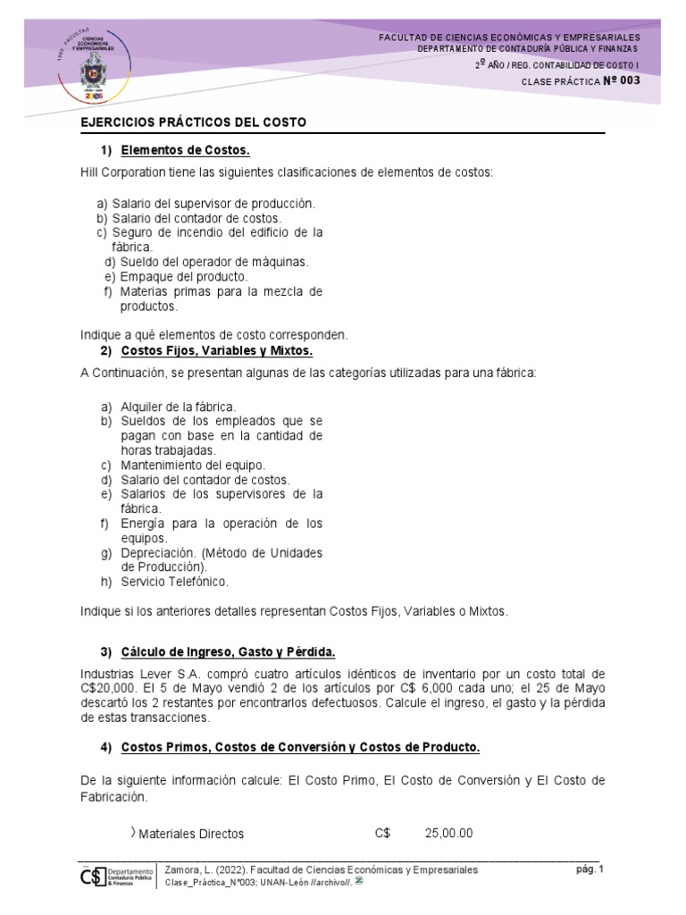 Clasificación y cálculo de costos en diferentes ejercicios prácticos ...
