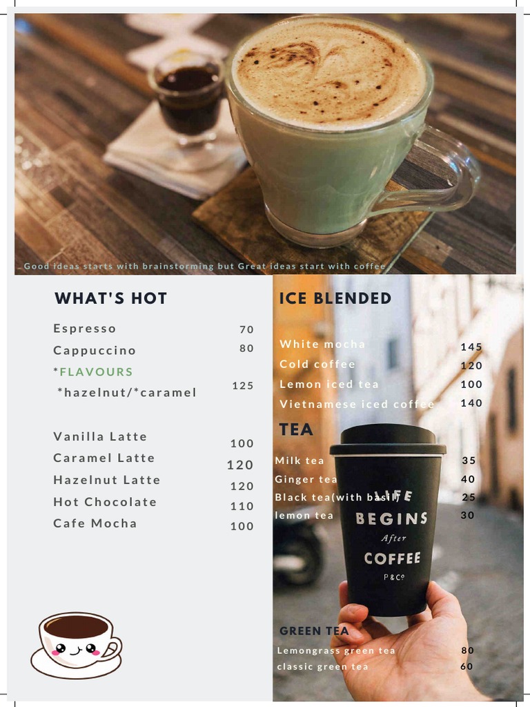 Coffee, Tea, Shakes, and Snacks Menu | PDF | Pasta | Sausage