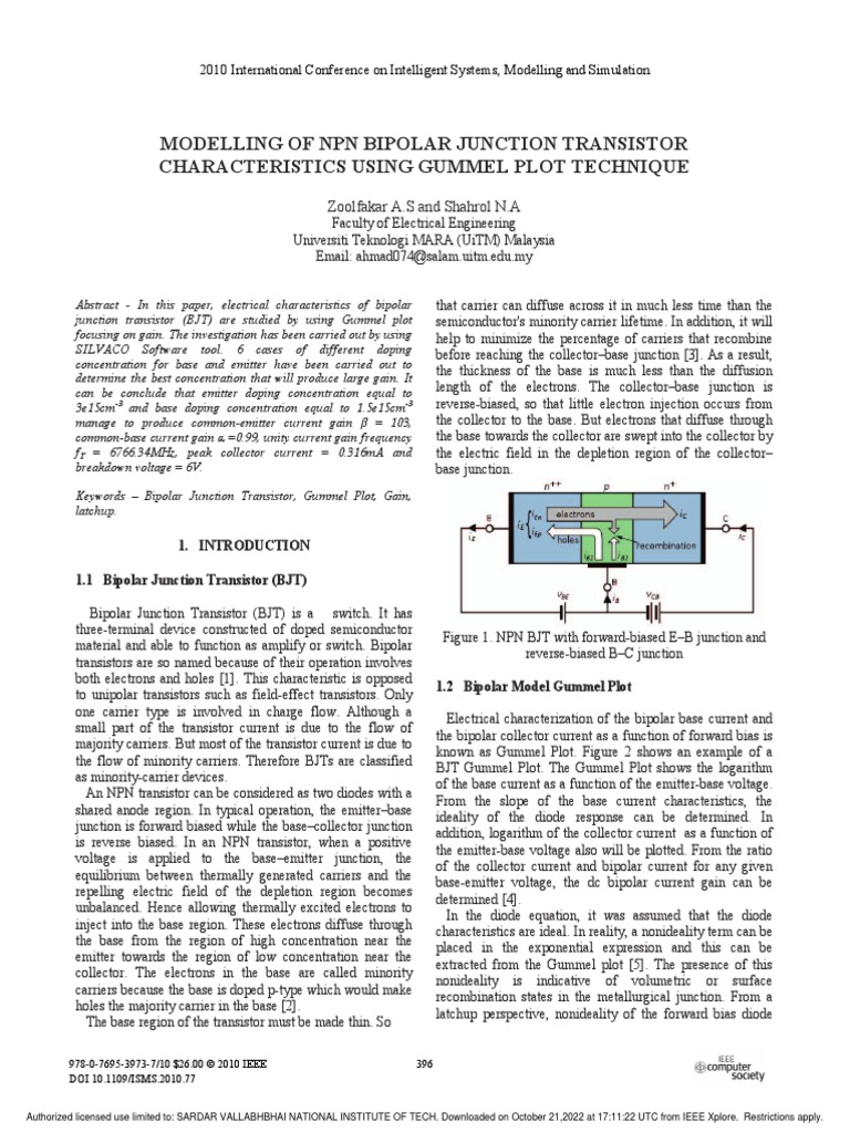 Modelling of NPN Bipolar Junction Transistor Characteristics Using