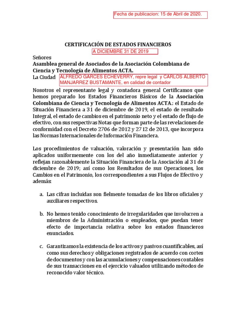 Acta certificacion estados financieros 2019 pdf contabilidad