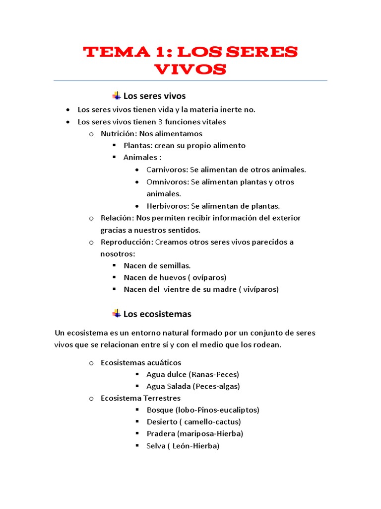Tema 1 Seres Vivos 4º Primaria SM Savia | PDF | Plantas | Ecosistema