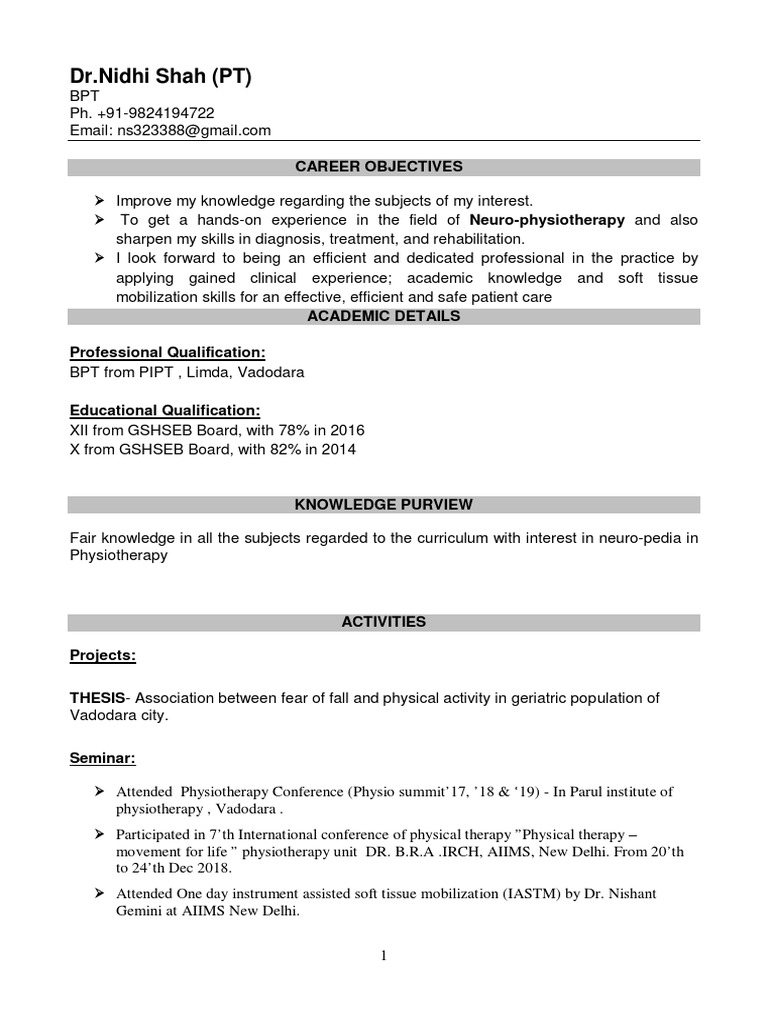 Dr nidhi shah pt career objectives pdf physical therapy