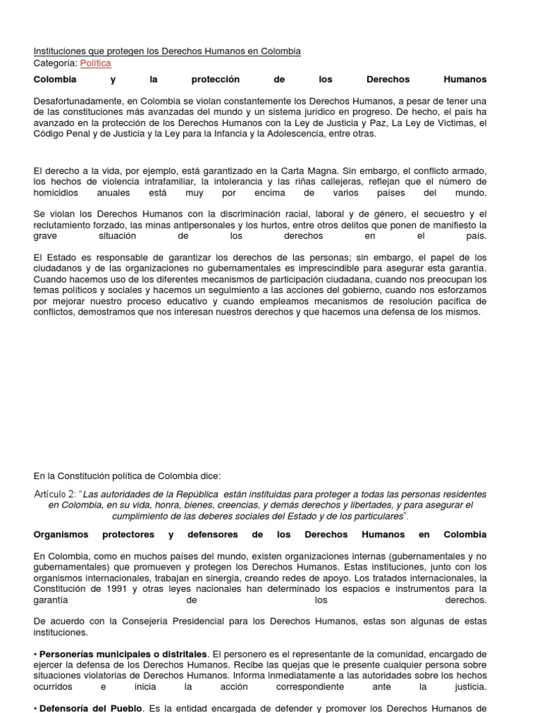 Instituciones Que Protegen Los Derechos Humanos en Colombia | PDF ...